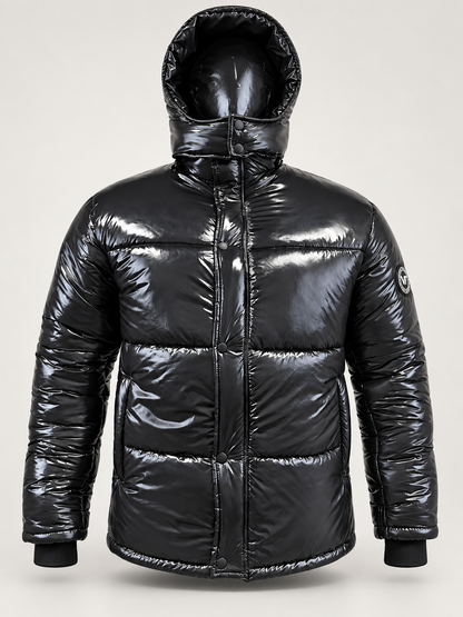 VOY TREND™ Men’s Glossy Black Hooded Puffer Jacket – Premium Winter Wear
