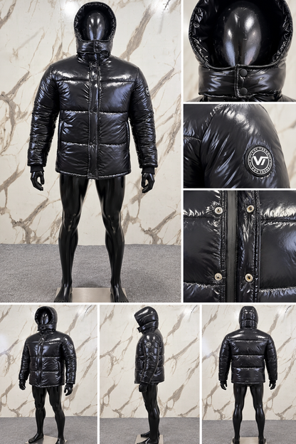 VOY TREND™ Men’s Glossy Black Hooded Puffer Jacket – Premium Winter Wear