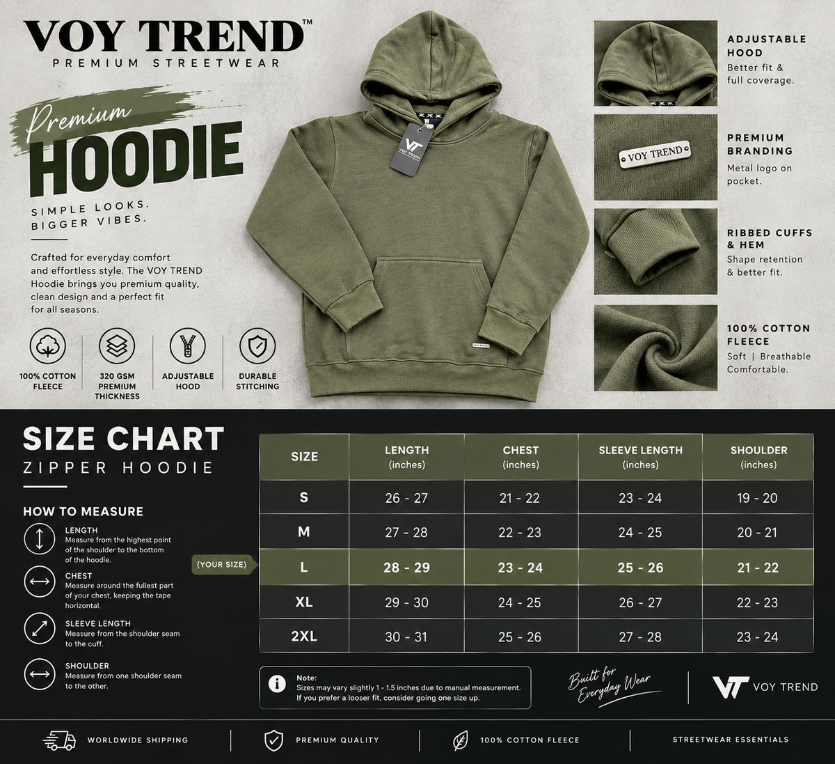 VOY TREND Premium Pullover Hoodie 100% Cotton Fleece