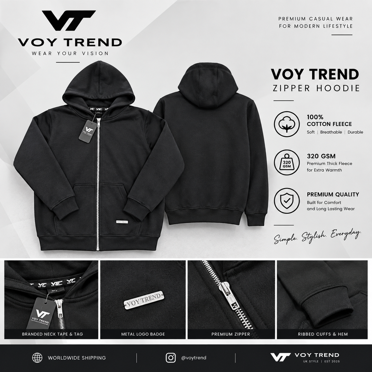 VOY TREND Zipper Hoodie – 100% Cotton Fleece | 320 GSM